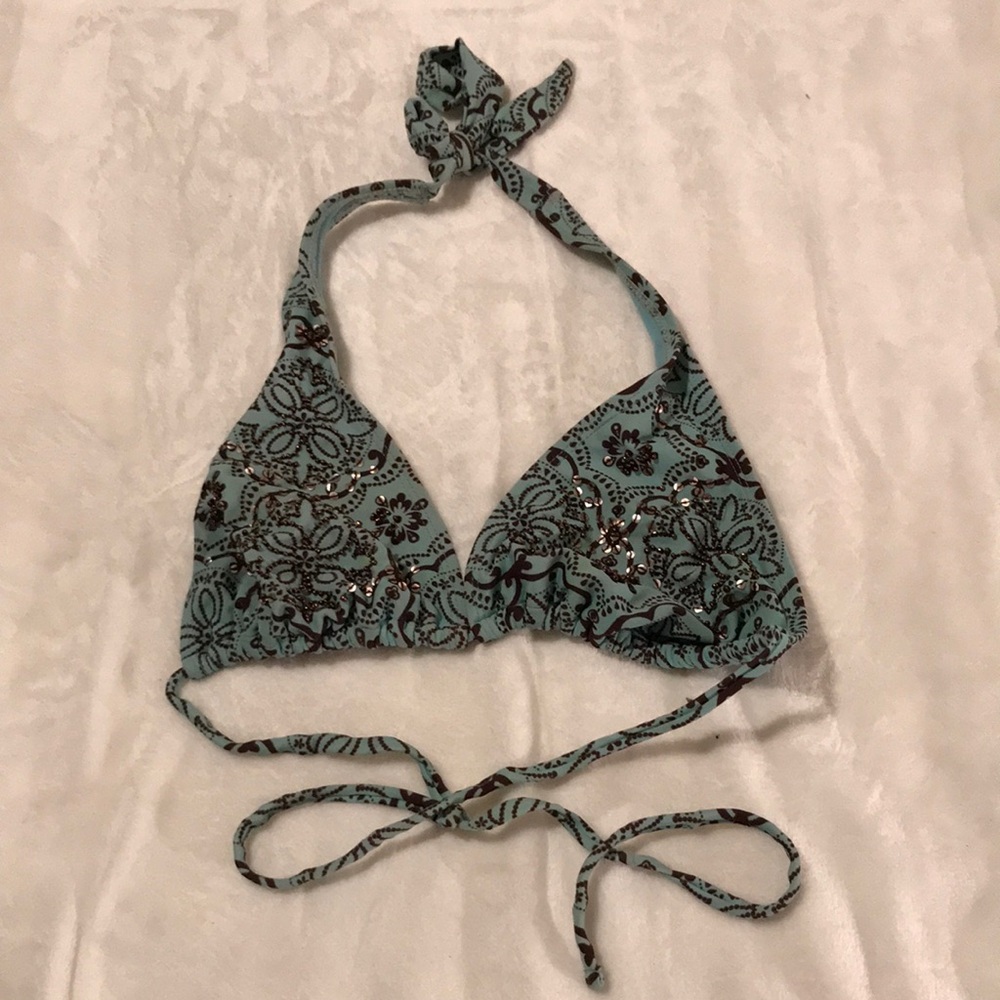 Aqua Floral Halter Bikini Top with Brown Accents